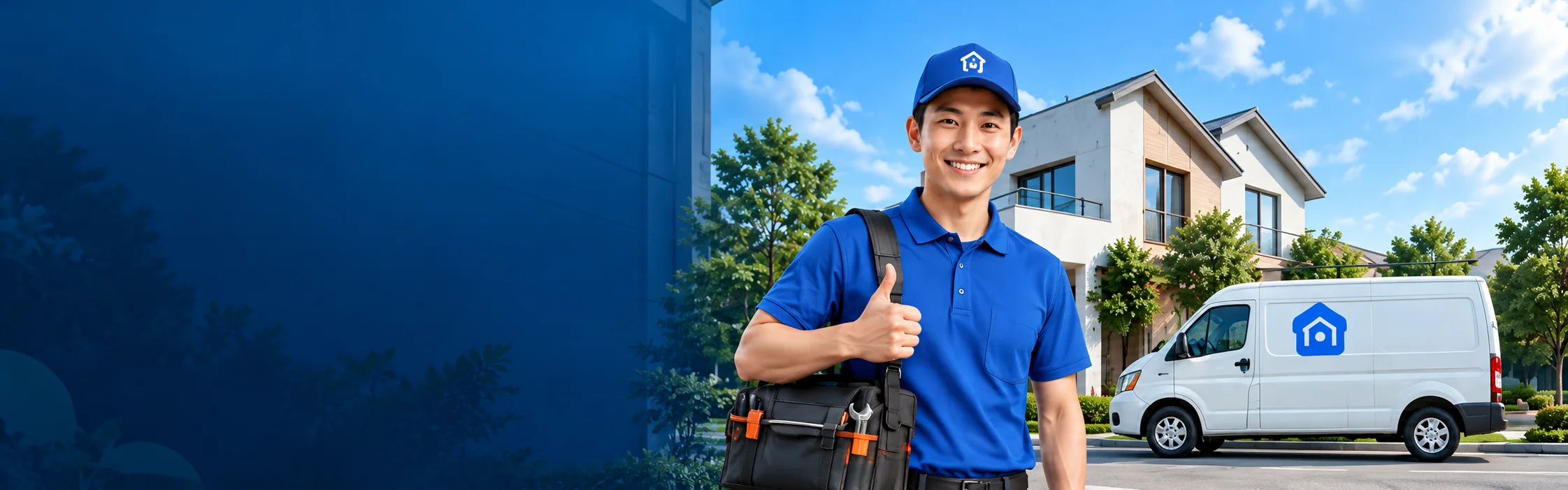 蓝色工服师傅与家庭维修服务车的品牌场景示意