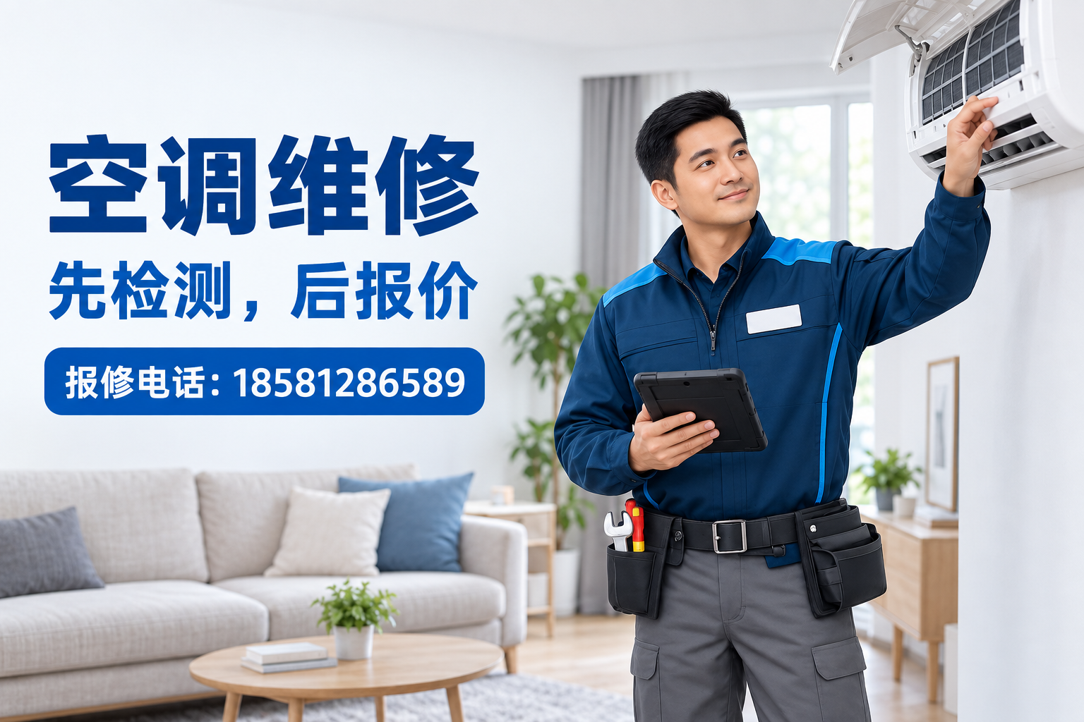 空调维修师傅上门检测与报价示意图