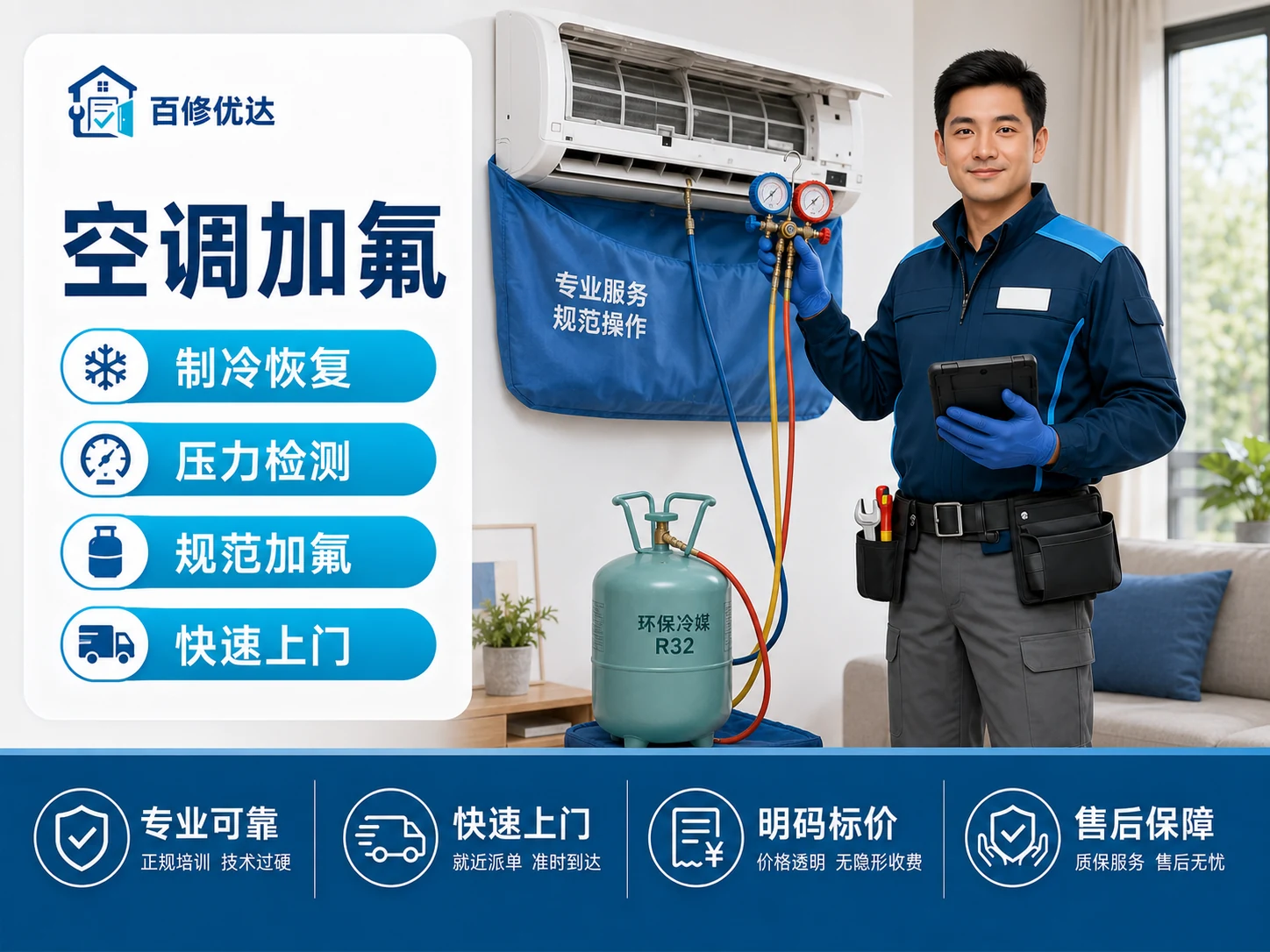 空调加氟(加制冷剂)多少钱?挂机/柜机/中央空调收费标准(2026年版)上门服务主图